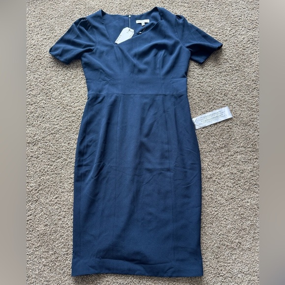Dress the Population Dresses & Skirts - NWT Dress the Population Asymmetric Neck Short Sleeve Midi Dress Navy Size XL